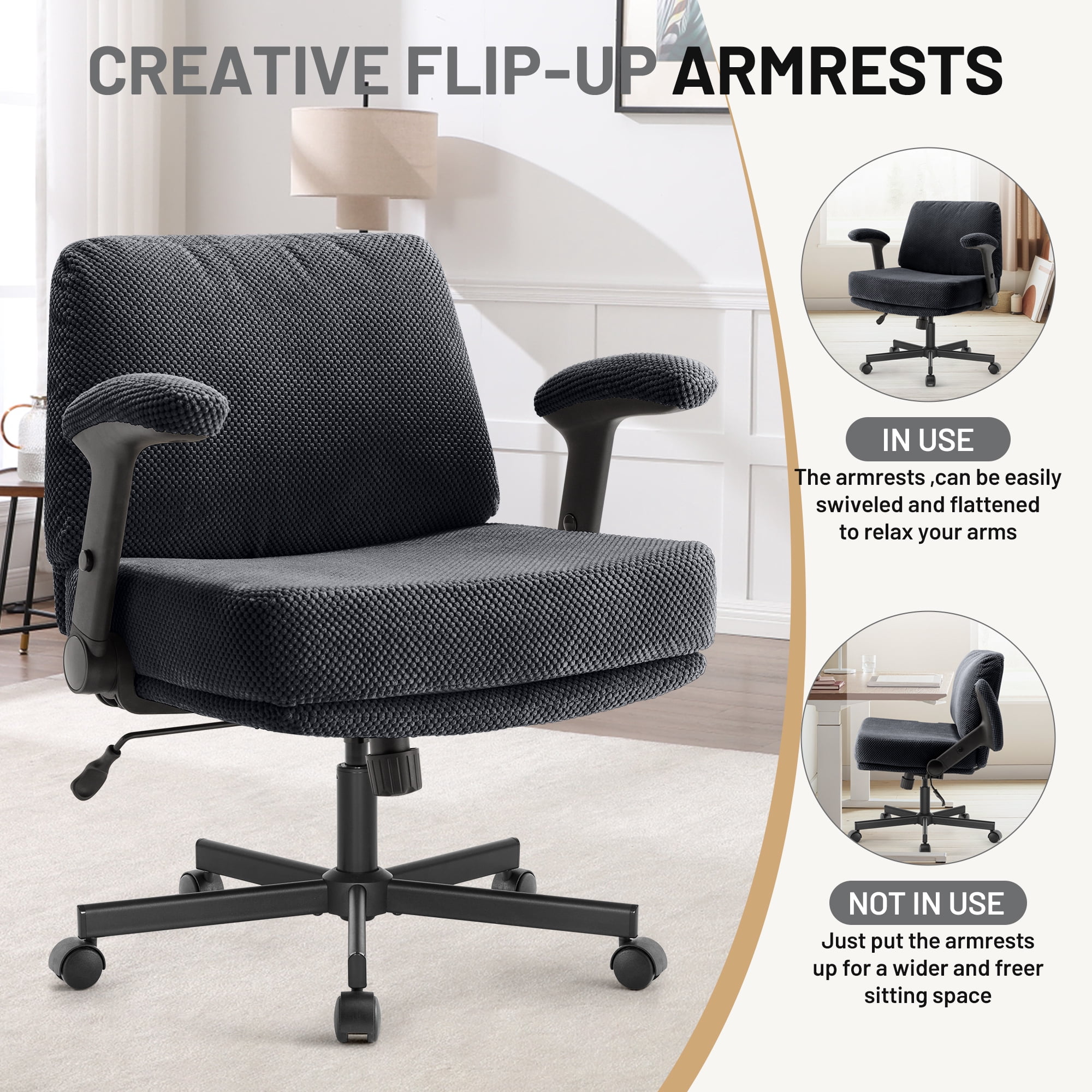 Criss Cross Chair with Flip-up Armrests, Wide Cross Legged Office Chair, Fabric Ergonomic Desk Chair with Wheels, Lumbar Support, Swivel Vanity Chair for Home Office, Bedroom, Study
