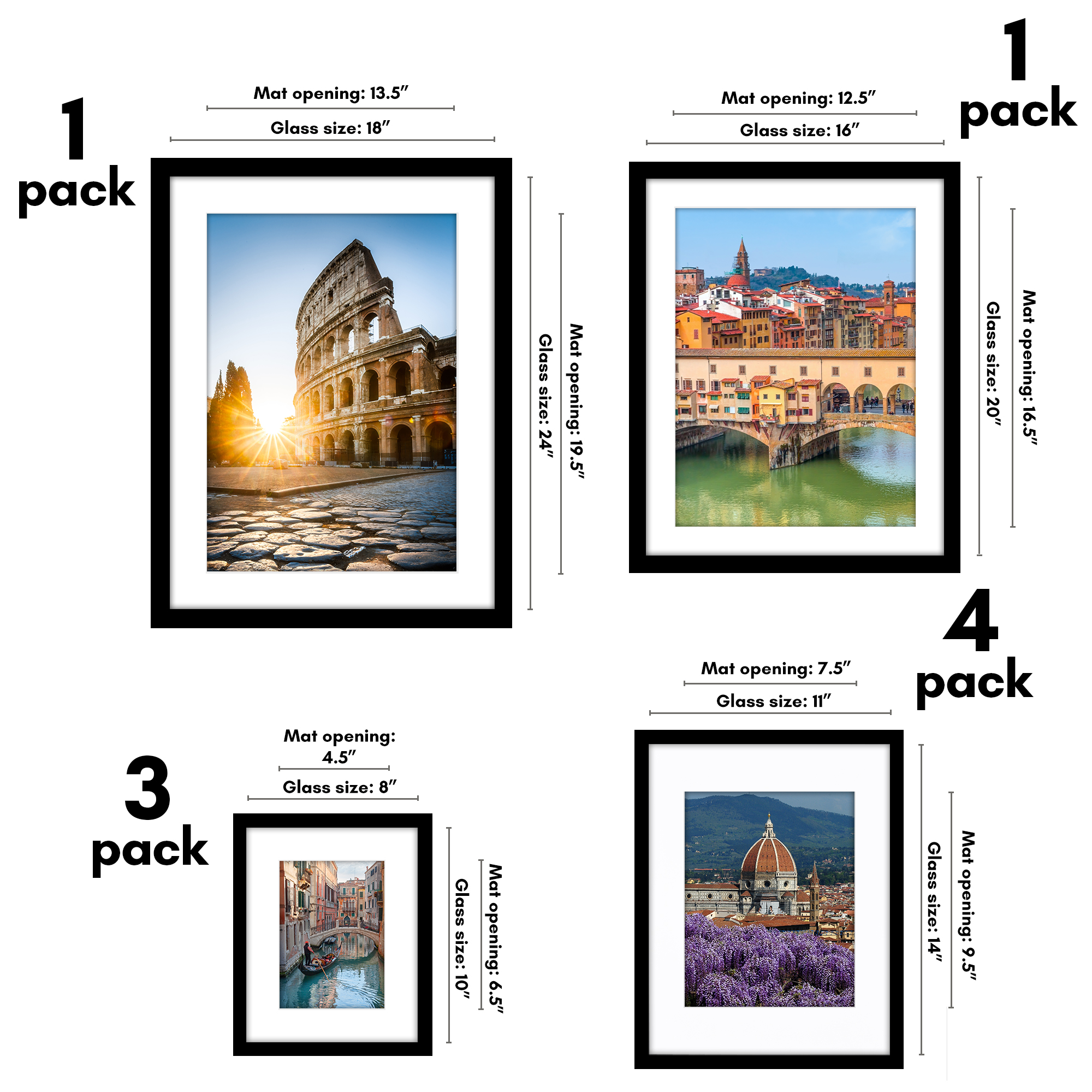 Americanflat Picture Frame Gallery Set Shatter-Resistant Glass 9 Pack Multi Size for 8x10, 11x14, 16x20, 18x24 - Black