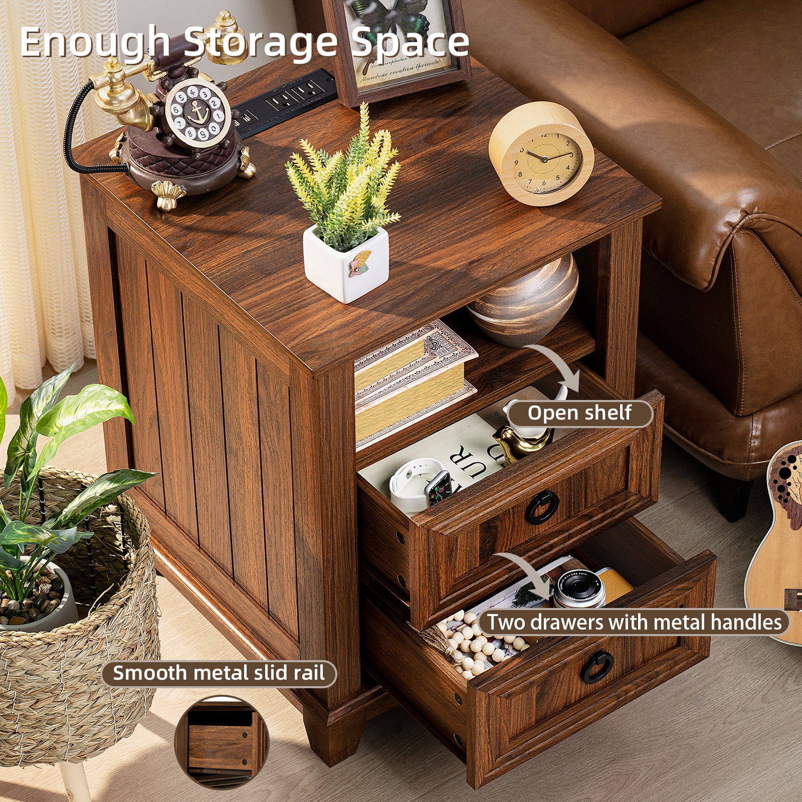 Joaxswe Nightstand with Charging Station Set of 2, Adult End Table Wooden Bedside Table with 2 Drawers for Living Room, Brown