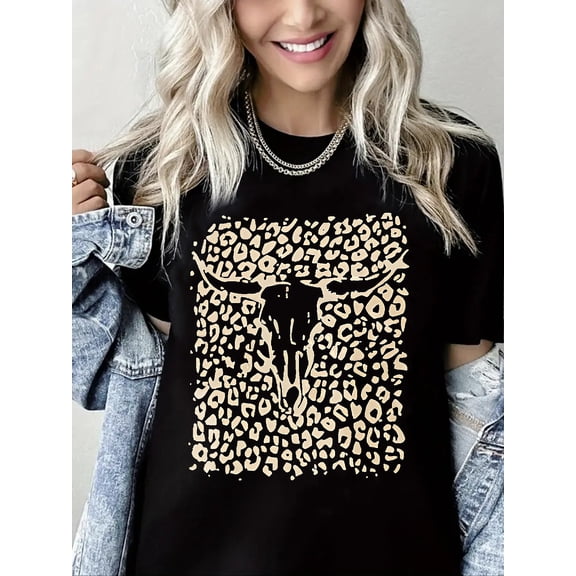Western Cow Skull Shirt for Women Boho Cowgirl Shirt Vintage Acid Wash Tshirt