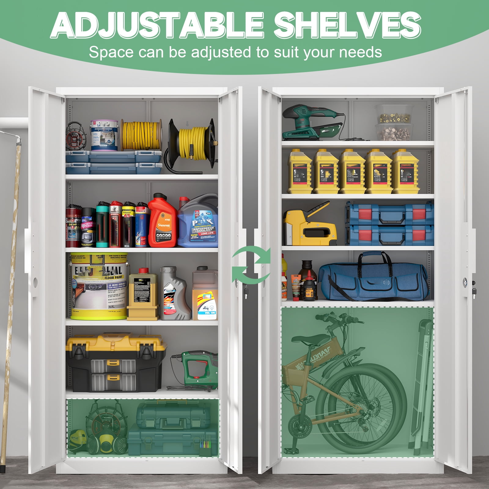 Marcree Metal Garage Storage Cabinet with 2 Doors and Adjustable Shelves - 71" Steel Lockable File Cabinet, Locking Tool Cabinets for Office, Home, Garage, Gym, School (White)