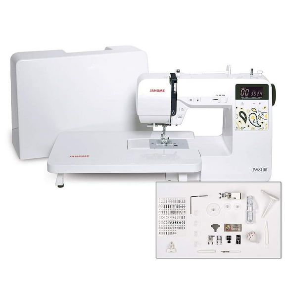 Janome JW8100 Machine à Coudre Entièrement Équipée avec 100 Points de Suture, 7 Boutonnières, Couverture Rigide, Table d'Extension et 22 Accessoires