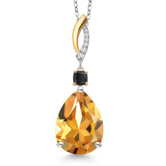 925 Silver and 10K Yellow Gold Yellow Citrine and Black Onyx & Lab Grown Diamond Pendant Necklace for Women | 22.19 Cttw | Gemstone November Birthstone | Pear Shape 18X13MM | With 18 " Chain