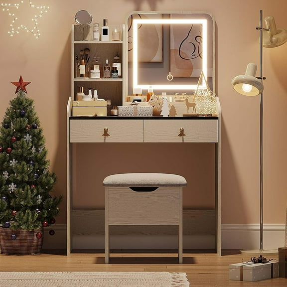 Vanity Desk with LED Light Mirror and Charging Station,Small Makeup Vanities Set with 2 Drawers for Girls Women with Storage Stool