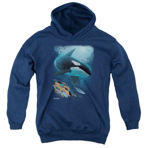 Wildlife Salmon Hunter Orca Youth Pullover Hoodie Sweatshirt Navy