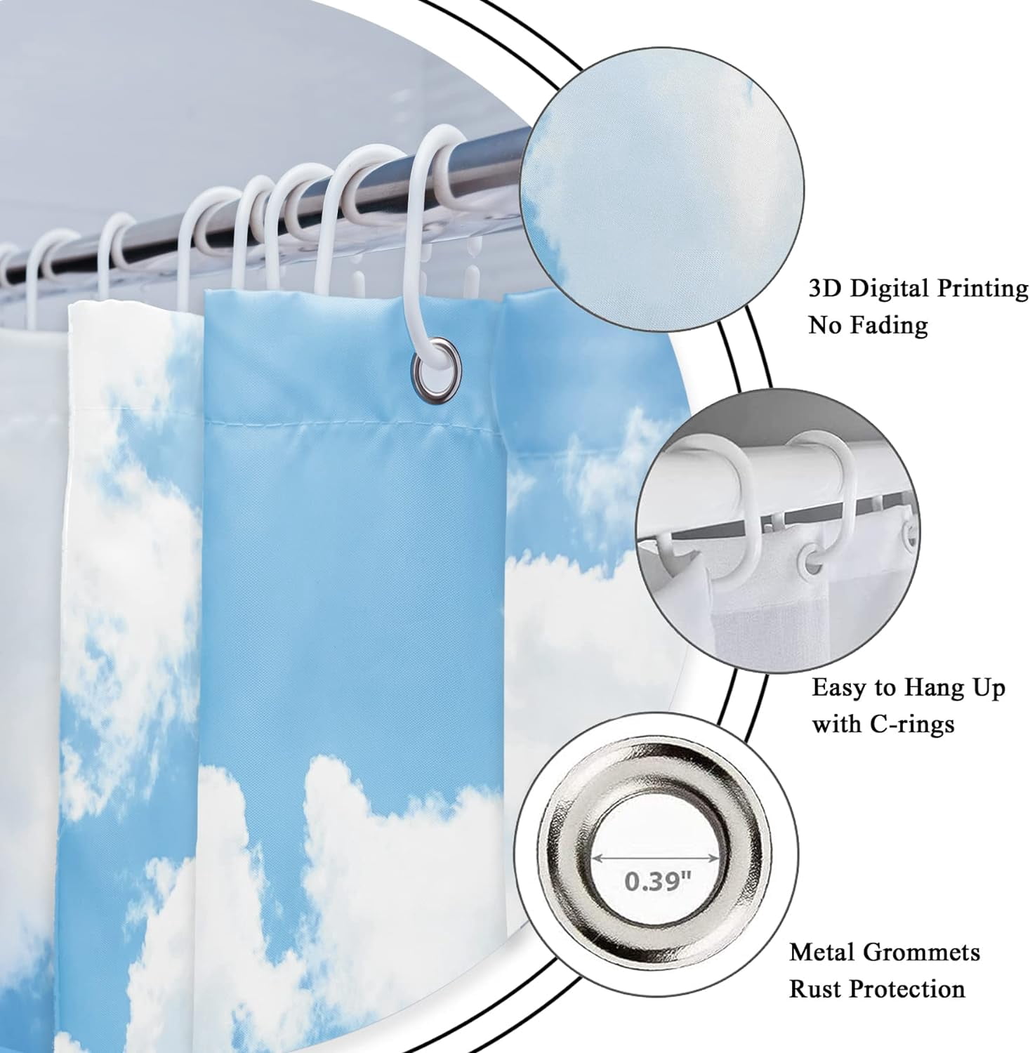 Blue Sky White Cloud Shower Curtain Natural Landscape Scenery Waterproof Fabric 72x72 Inch Polyester Bathroom Bathtub Decoration 12 Pack Plastic Hooks