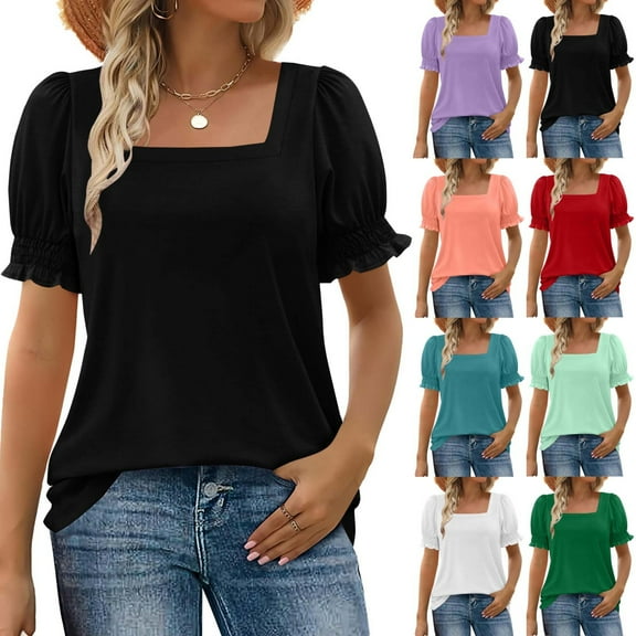 Summer Saving Women's Short Sleeve Tops, Xunlbb Women's Casual Solid Square Neck Loose Short Sleeve T-shirt Blouses(Black,S)