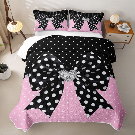 spefrowx Retro Polka Dot Bow Print Twin Quilt Set for Teens, Black Pink Gem Heart Twin Coverlet Set, 2 Pieces