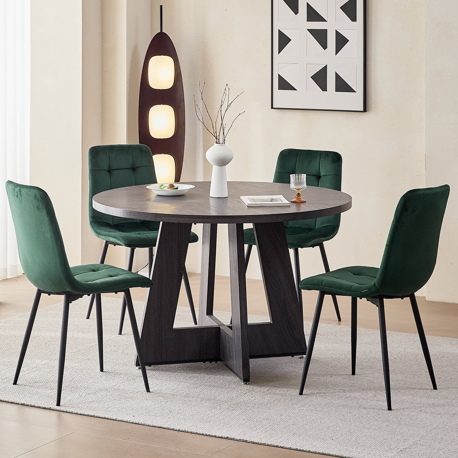 Set of 4 Velvet Dining Chairs - Mid Century Modern Dinning Chair, Upholstered Cushion Seat, Square-Patterned Backrest, Dinner Chairs with Metal Legs for Dining Living Room, Bedroom, Green