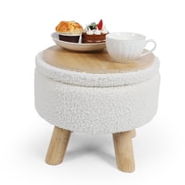 White Boucle Round Ottoman with Storage - Teddy Velvet Footrest Stool with Wooden Legs for Living Room, Bedroom & Entryway