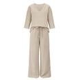 thumbnail image 4 of Cagogo Women Plus Size V Neck 3/4 Sleeve T Shirt Wide Leg Pants Two Piece Set Solid Boho Lounge Wear Casual Loose Outfits Spring Summer Travel Clothes, Beige 3XL, 4 of 5