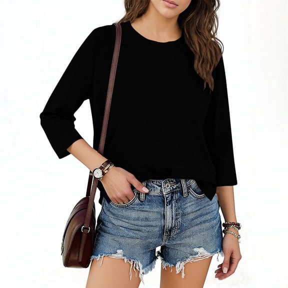 Mifsaly Womens Cotton Tshirts Crewneck 3/4 Sleeve Crop Tops Dressy Casual Summer Blouse Business Cropped T Shirts Going Out Office Fashion Fall Outfits S