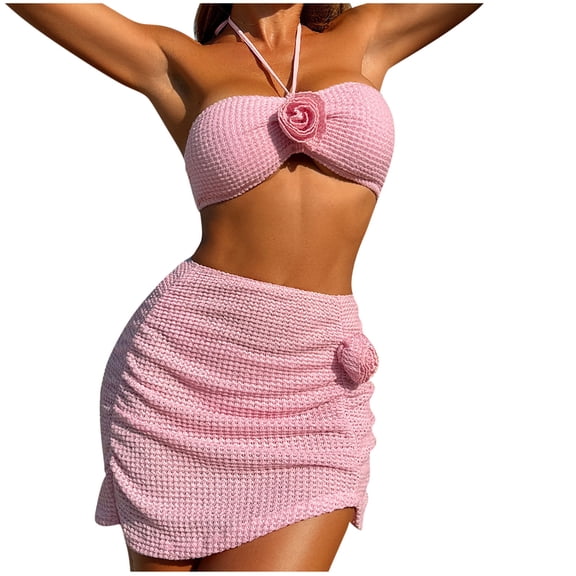 Hrsba Floral Print Bikini Set for Women High Neck 3 Piece Swimsuits Summer Beach Bathing Suits Stylish Swimwear