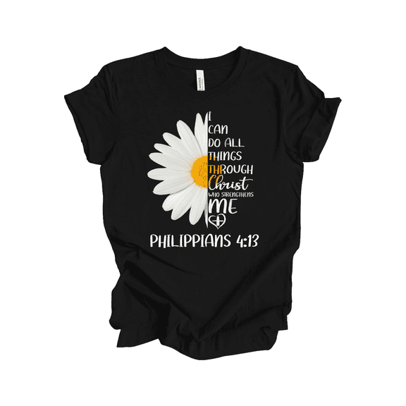 Trenz Shirt Company Christ Who Strengthens Me Philippians 4:13 Womens Christian Daisy Short Sleeve T-shirt-Black-5xl