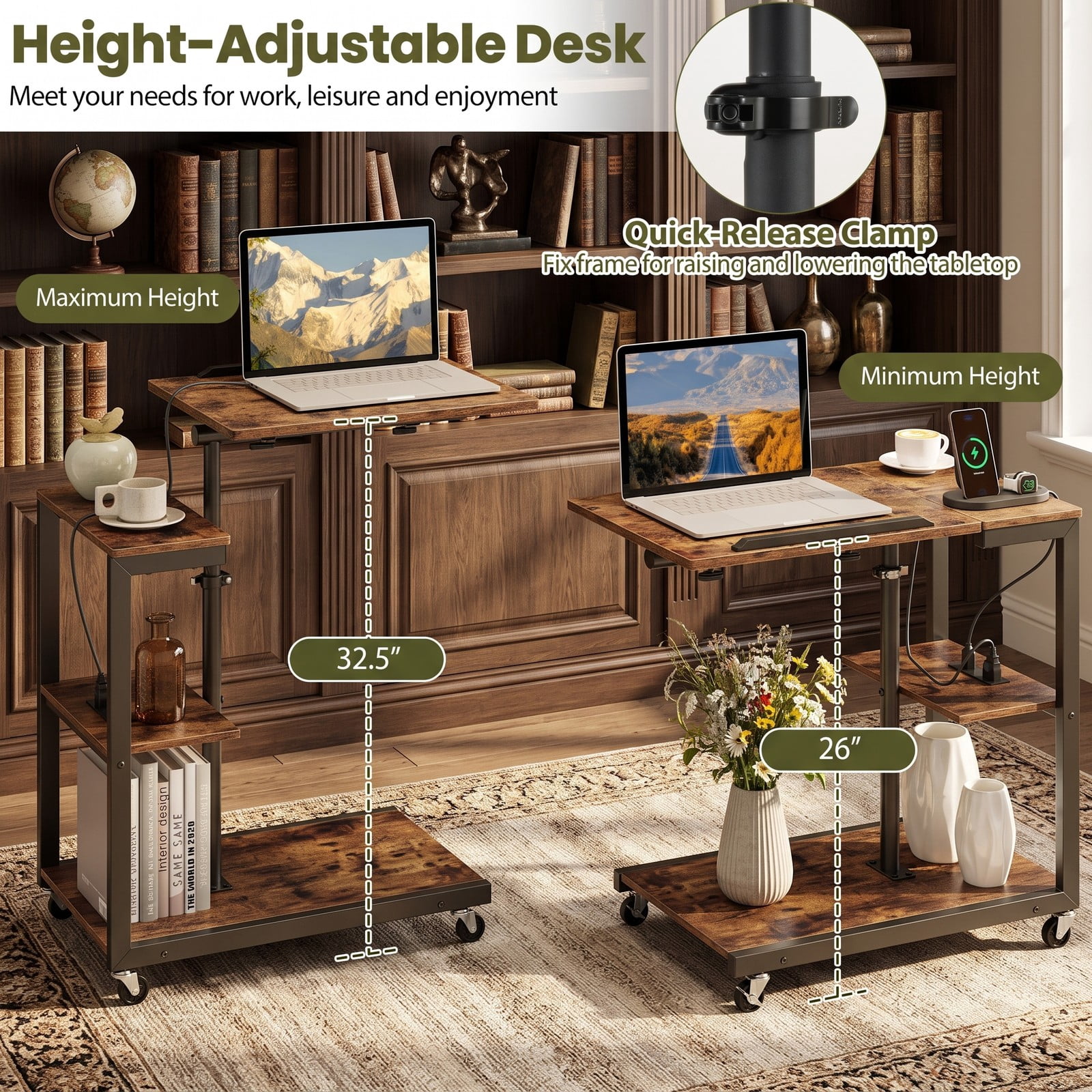 Furnibear 3-Tier Mobile Couch Side Table Set of 2 with Charging Station, Height Adjustable C-Shaped Sofa End Tables with Tiltable Tabletop, 2 AC, Rustic Brown & Black