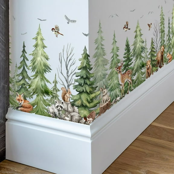 Watercolor Pine Tree Animals Wall Stickers Woodland Forest Tree Fox Deer Bear Wall Decals Peel and Stick Baby Nursery Bedroom Living Room Wall Decor