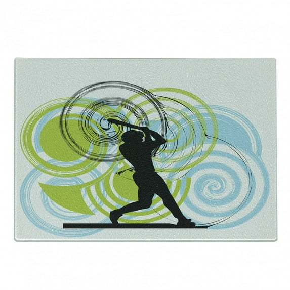 Baseball Cutting Board, Baseball Player with Circles on His Bat Wild Pitch Fast Win Do It, Decorative Tempered Glass Cutting and Serving Board, Small Size, Green Blue Black, by Ambesonne