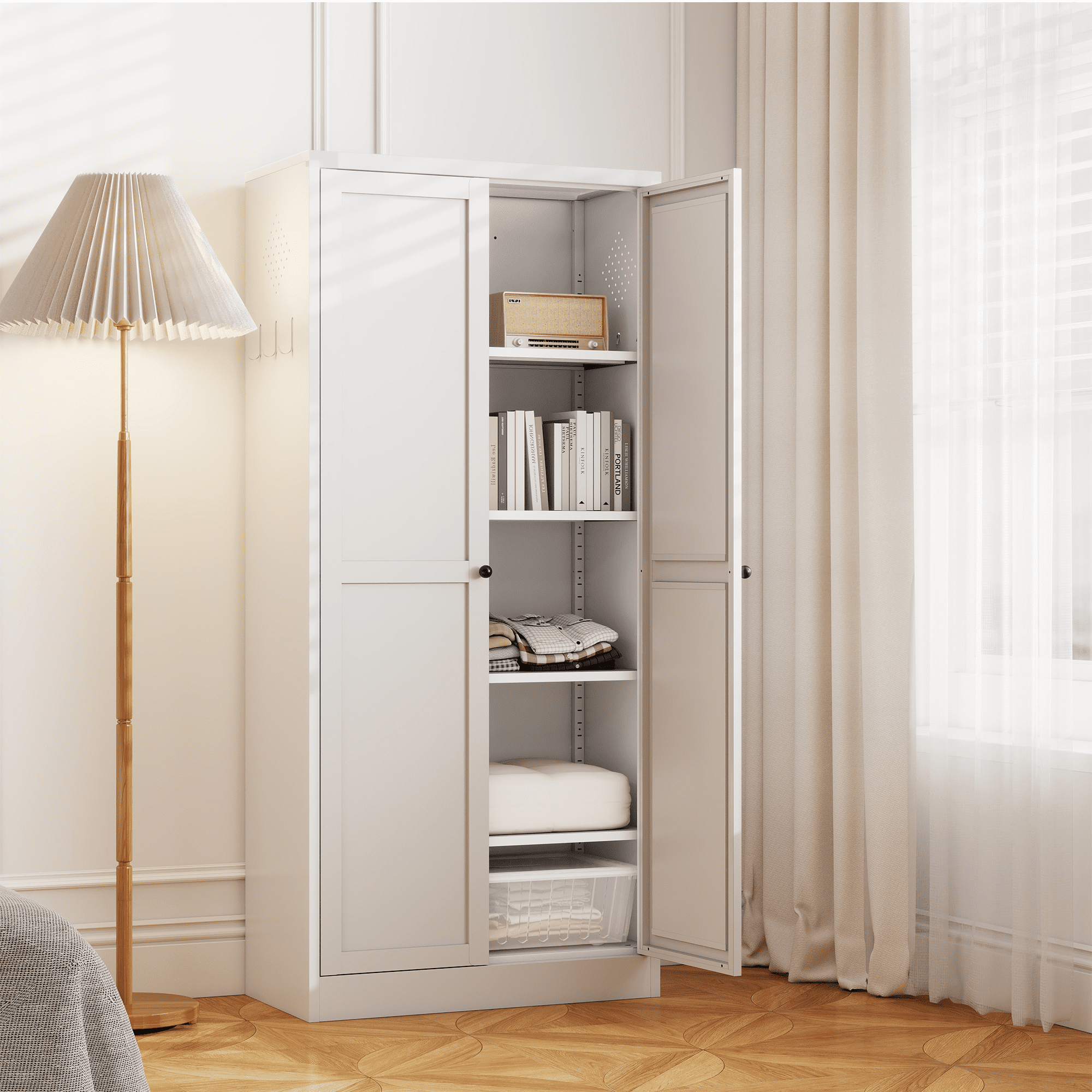 61" Kitchen Pantry Cabinet with 4 Shelves Adjustable Storage,Metal Heavy Duty Freestanding Pantry Organizer for Kitchen, Pantry, Living Room,White