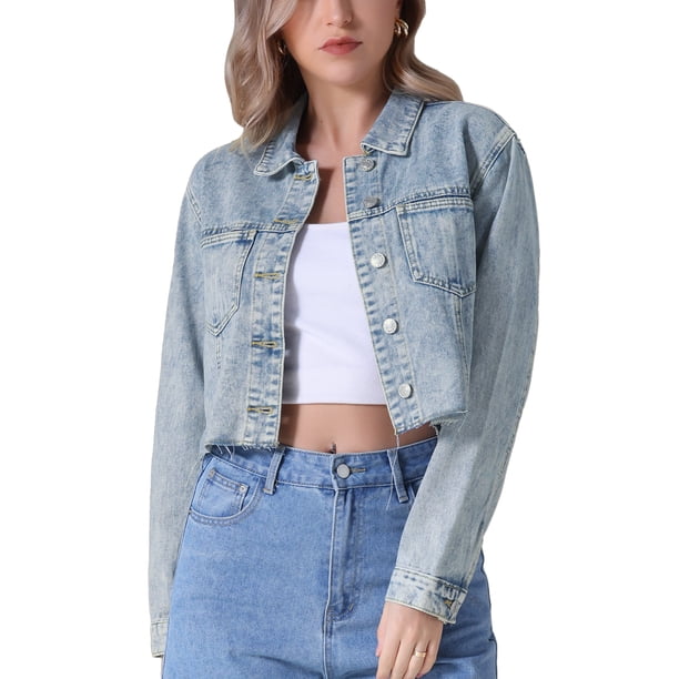 Chaqueta de mezclilla recortada de manga larga con dobladillo deshilachado para mujer INSPIRE CHIC L Azul claro