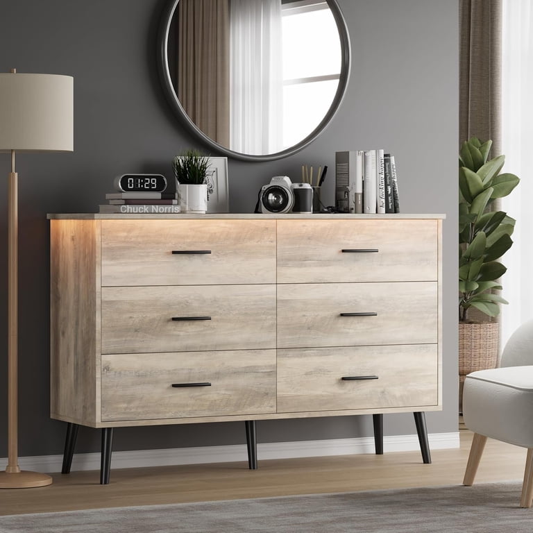 Fanral 6 Drawers Dresser for Bedroom,Wood Modern Chest of Drawers with LED Light,Metal Support Feet,Gray Dresser, Adult Unisex, Size: Large