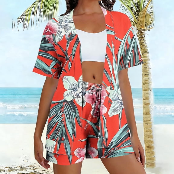 Gamivast Summer Sets Women 3 Piece Outfits Floral Dragonfly Print Kimono & Shorts with Tank Top Vacation Suits Boho Beach Cover Up Hawaiian Holiday Matching Set
