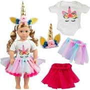 Dress Along Dolly Unicorn Doll Clothes For 18 Inch American Girl Dolls - 4 Piece Outfit With Leotard, Headband, & Tutus