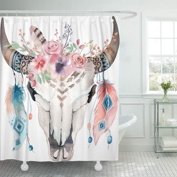 SUTTOM Glamour Boho Chic Cow Skull Feathers Glam Horns Bohemian Shower Curtain 60x72 inch