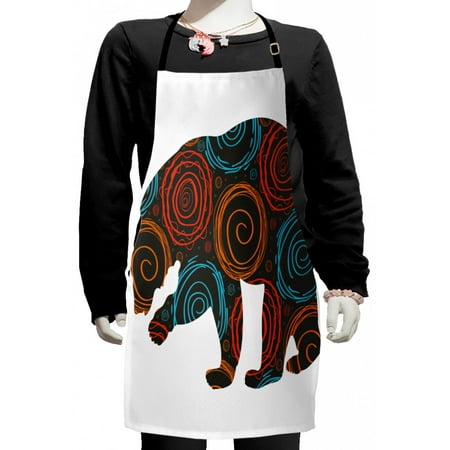 

Animal Kids Apron Bear Silhouette Covered with Abstract Circular Spiral Shapes Dots Illustration Boys Girls Apron Bib with Adjustable Ties for Cooking Baking Painting Multicolor by Ambesonne