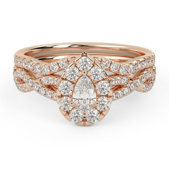 AFFY Halo Solitaire Bridal Ring Set for Women Center 5X3MM Pear Cut Lab Created Moissanite Twisted Infinity Engagement Rings With Matching Band Set In 10K Solid Rose Gold Size 10