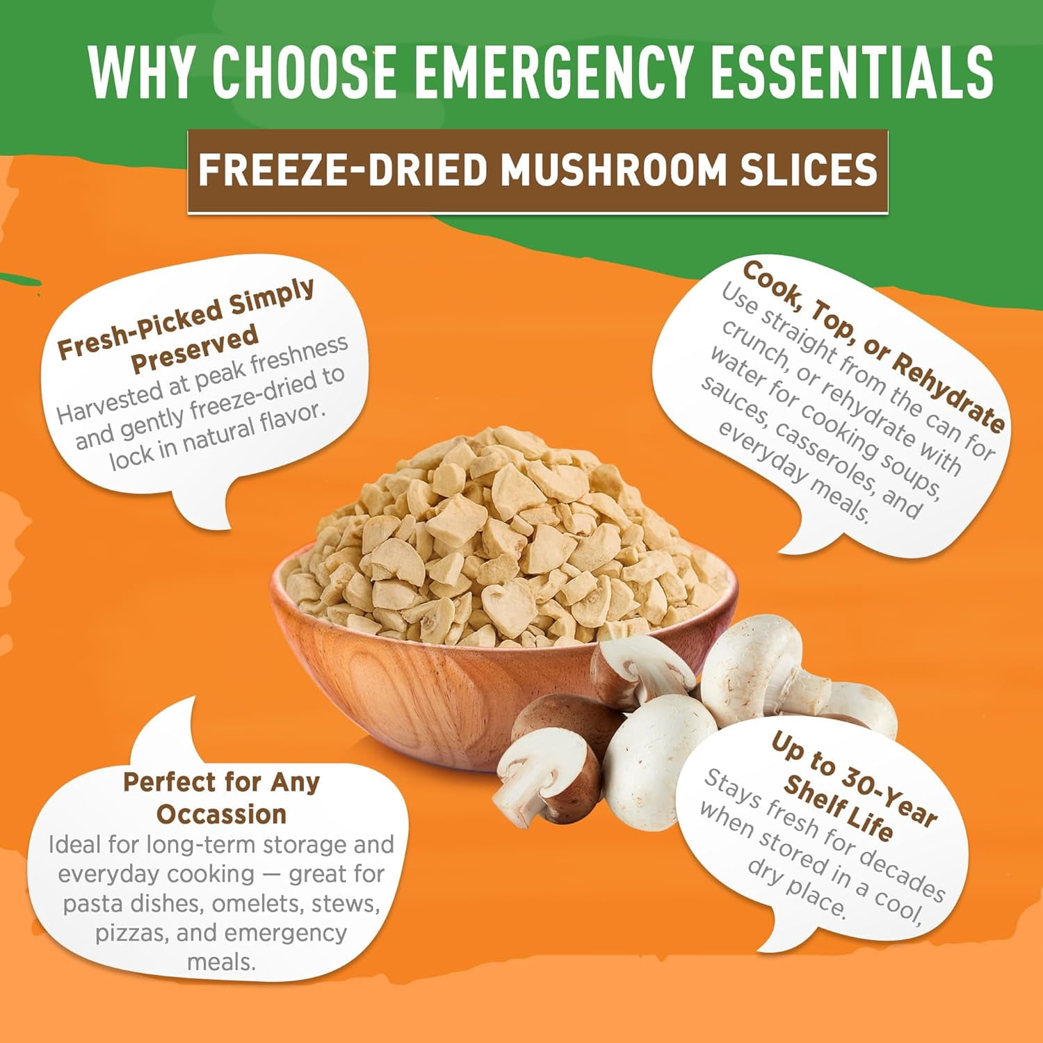Emergency Essentials Freeze-Dried Mushroom Slices | Real Mushrooms for Everyday Cooking & Long-Term Food Storage | #10 Can | 57 Servings | Great In Soups, Pasta & More