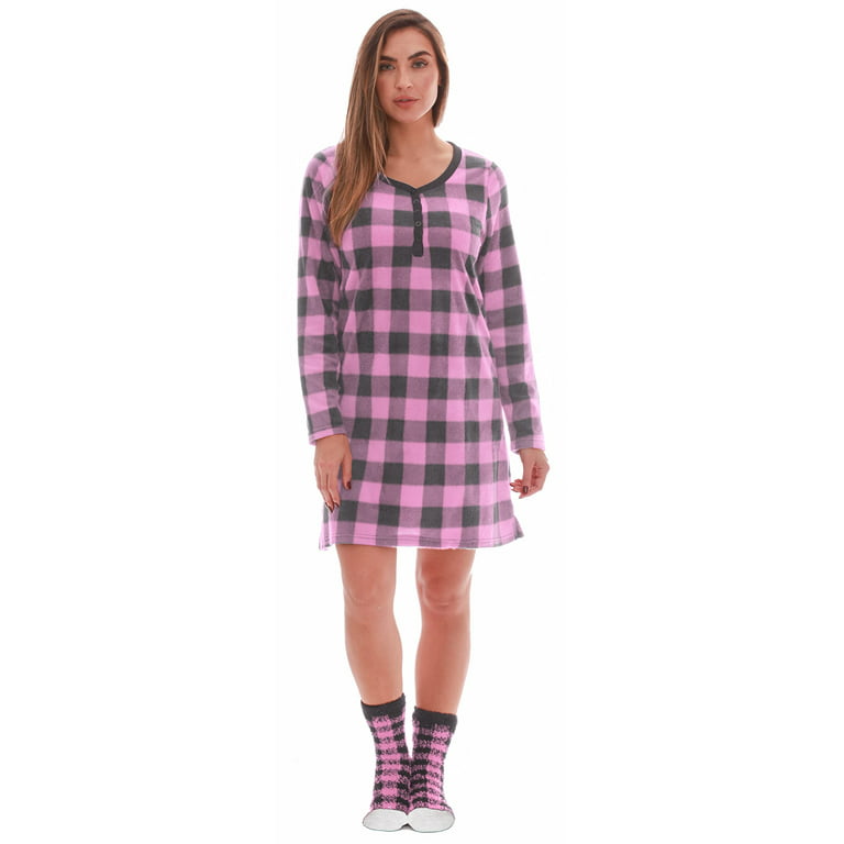 Just Love Women\'s Ultra-Soft Sleep Shirt Nightgown with Matching Fuzzy  Socks (Buffalo Plaid - Pink Charcoal, 1X)