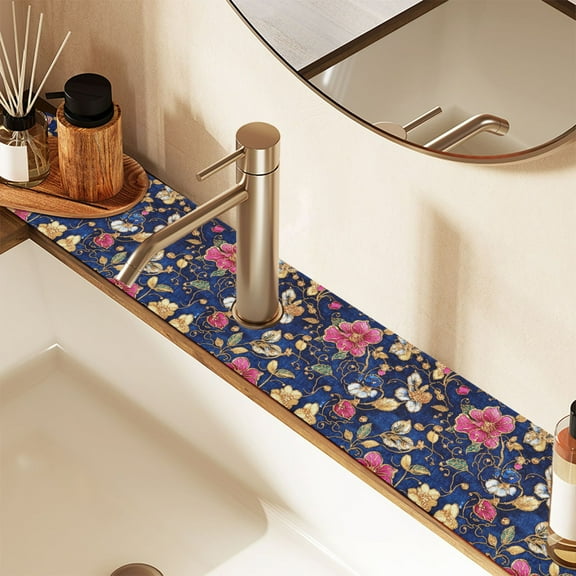 Faucet Mat for Kitchen Sink 30'' Sink Splash Guard Mat Super Absorbent Fast Drying Drain Pad Colorful Embroidered Flower 2 Pack