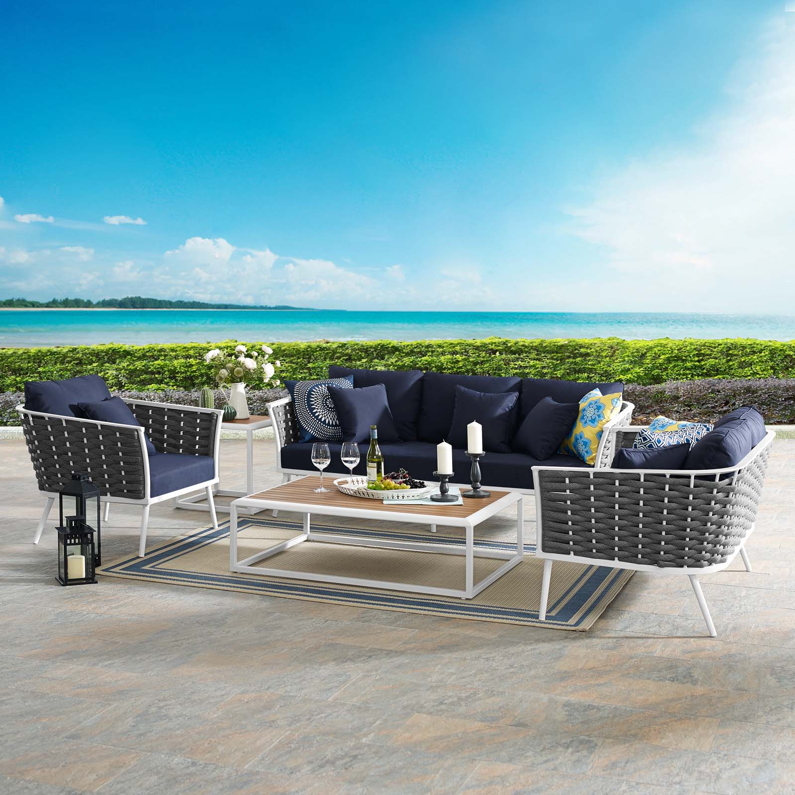 Modern Contemporary Urban Design Outdoor Patio Balcony Garden Furniture Lounge Chair, Sofa and Table Set, Fabric Aluminium, White Navy - image 2 of 8