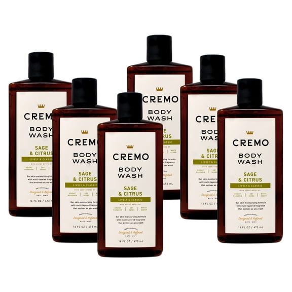 6 Pack - Cremo Body Wash for Men, Sage & Citrus – Bright Mandarin, Dry Herbs & White Cedar, 16 Fl Oz