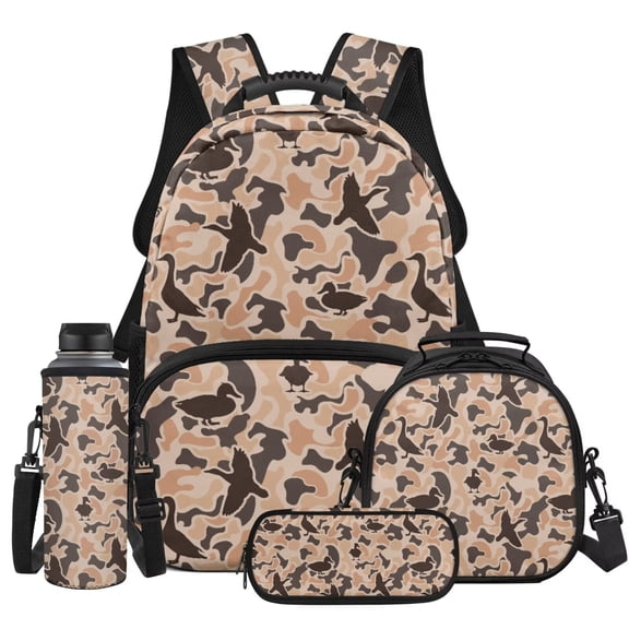 KEIAHUAN Duck Camo Kids Backpack Set for Boys Girls, 4 Piece Complete School Kit, -17 Inch Large Capacity, Lightweight, Detachable Strap Insulated Lunch Bag, Pencil Case & Water Bottle Sleeve