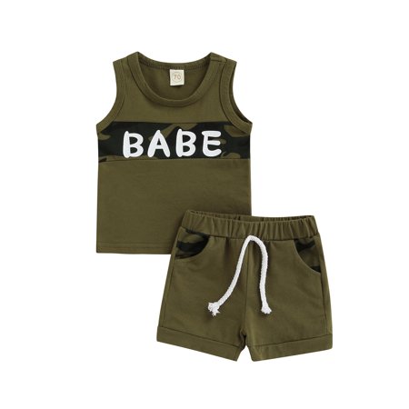 

Musuos Baby Shorts Set Letter Camouflage Print Round Neck Sleeveless Tank Tops + High Waist Stretch Shorts Set