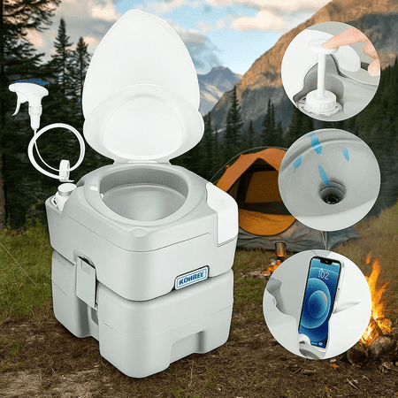 Condition photo showing Good Condition for kohree 5.3 gal 20l portable toilet with washing sprayer for adults with diagonal enlargerd bowl seat and phone stand for rv travel camping indoor & outdoor