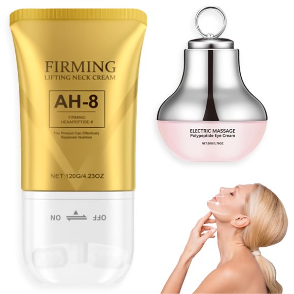 Kit de Cuidado para Ojos y Cuello, Crema para Ojos con Masajeador + Crema Reafirmante para Cuello, Tratamiento Antiarrugas que Reafirma la Piel, Reduce Líneas de Expresión y Arru