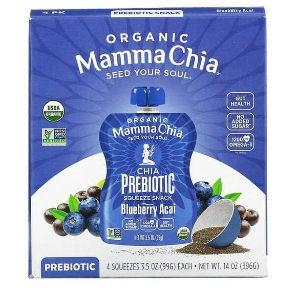 Mamma Chia, Organic Chia Prebiotic Squeeze, Blueberry Acai, 4 Squeezes, 3.5 oz Pack of 3