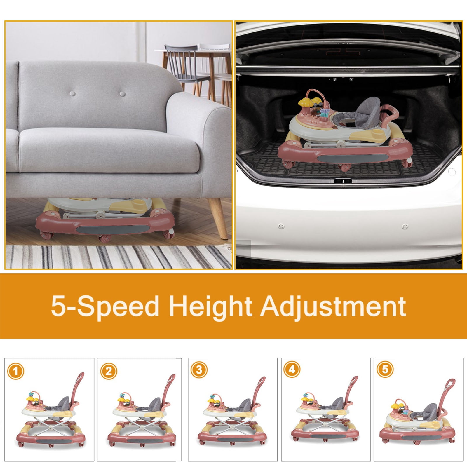 SLLINGLUO Music Lights Baby Walker for Boys and Girls, Infant Walker with Toys, Adjustable(Pink)