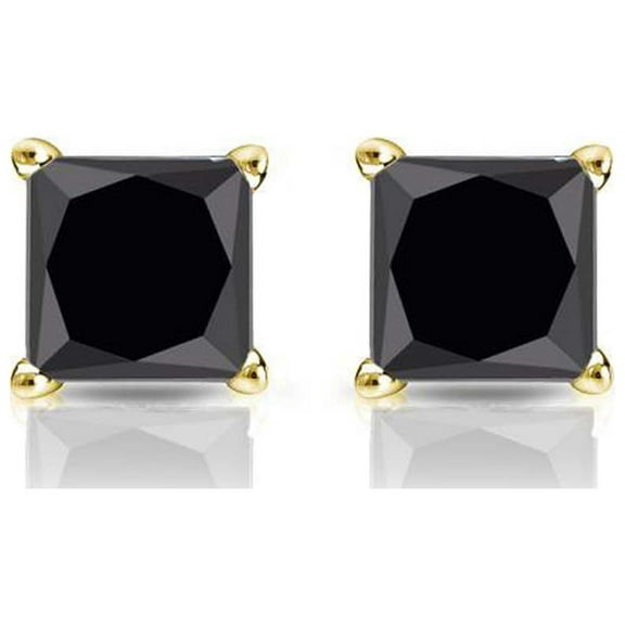 14K Yellow Gold Plated Created Black Princess Sapphire 7mm Stud Earrings by Paris Jewelry