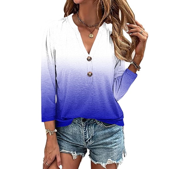 Meichang 3/4 Length Sleeve Womens Tops Stand Up V Neck Button Henly Shirts Trendy Gradient Loose Fit T Shirts Plus Size Casual Soft Tops Blue L