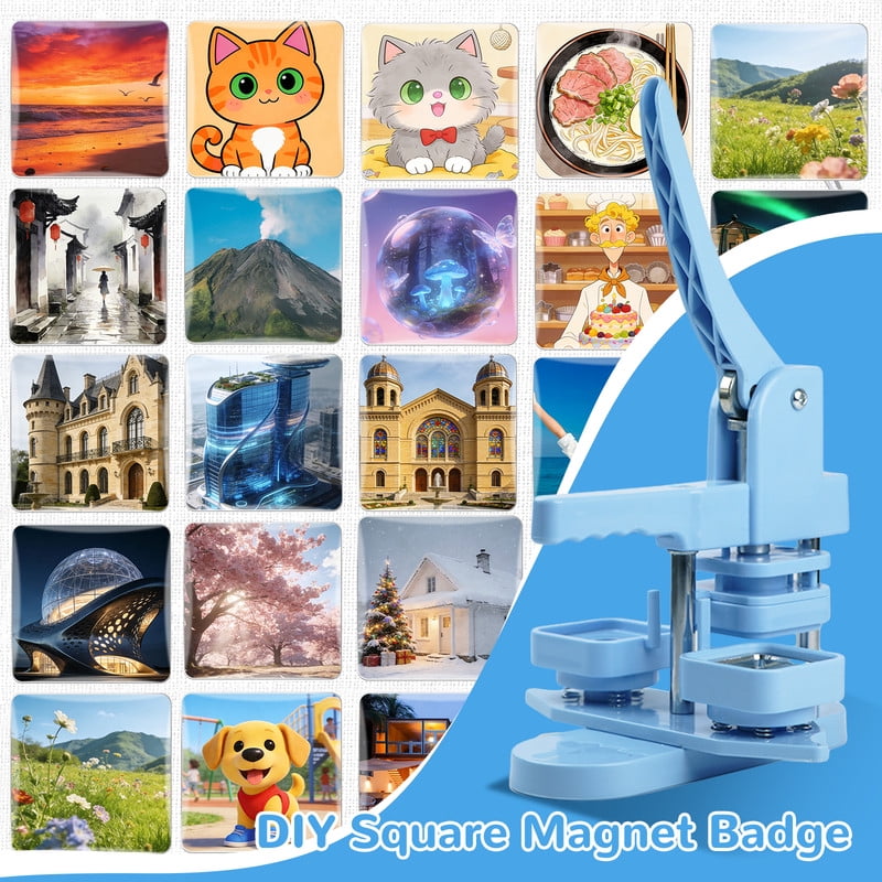 Square Button Maker Machine with 100 Sets of Button Supplies Parts, 50 * 50mm Hand Press Pin Badge Making DIY Craft Items, Light Blue
