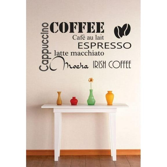 Coffee Cups Wall Decal Vinyl Stickers Coffee Cappuccino Espresso Mocha Latte Stylish Removable Coffee Art DIY quote for Bedroom Living Room Home Window Door Decoration - Size: 12 In x 18 In