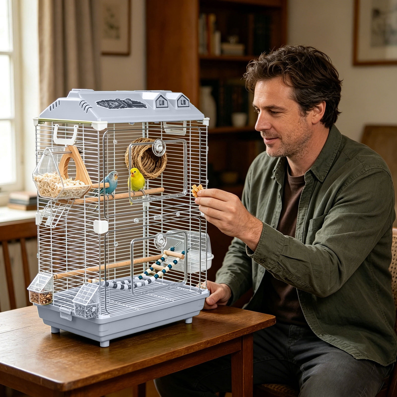 Large Wrought Iron Rolling Bird Cage with Detachable Stand Spacious Flight Aviary for Parakeets Finches Small Pet Birds | 18.50x11.81x30.31 in Grey