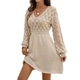 thumbnail image 3 of Women'S V Neck Scale Pattern Knit A Line Long Sleeve Dress Sweater Dress Khaki M, 3 of 10