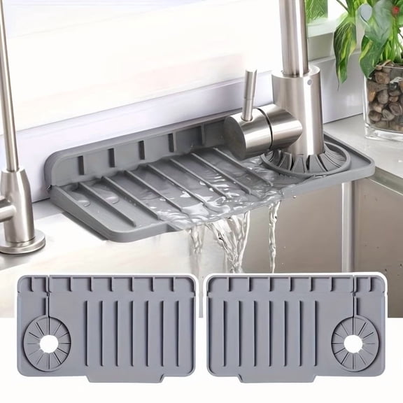 2pcs Silicone Draining Mat Set for Kitchen Faucet - Anti-Splash Water Drip Mat with Side Hole and Flowing Groove for Sink Countertop Protection
