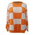 thumbnail image 4 of Womens Sweater Contrast Checkerboard Knitted Autumn Winter Loose Lazy Patchwork Sweaters Knitted Sweater Orange M, 4 of 5