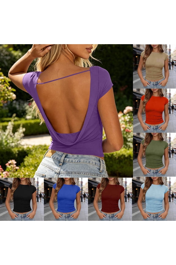 Womens Tops Short Sleeve Solid Color Bateau Neck 2 Line Backless Slim Casual Blouse