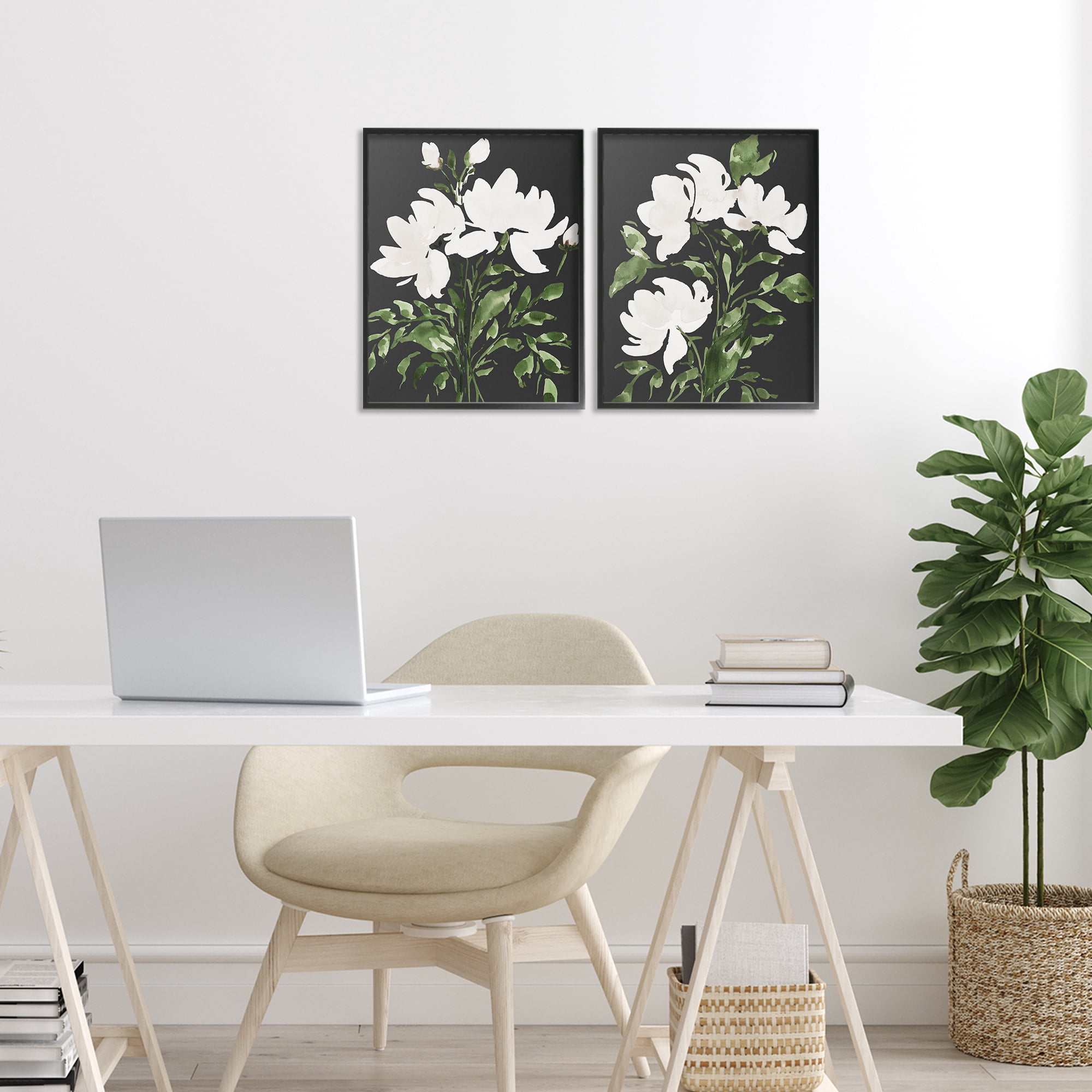 Stupell Industries White On Black Blooms 2 Piece Black Framed Giclee Art Set, design by Lucille Price